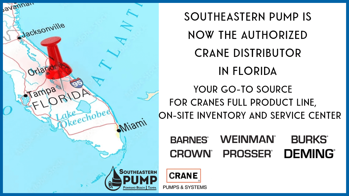 Authorized Crane Distributor - Southeastern Pump is your Florida Source for Crane Pump. The Crane line includes Chopper, Grinder, and Non-Clog solutions for every solids handling application, Pressure Sewer, Sump, Sewage, Effluent, and Utility pumps, Dewatering pumps.